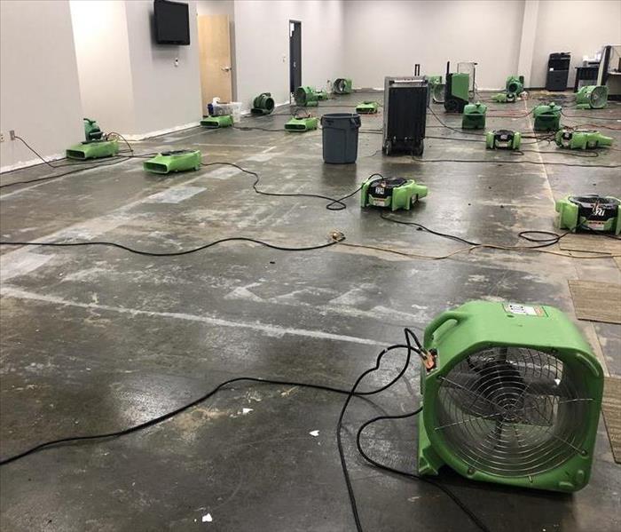 Open room with several green dehus and air movers spread out on a gray concrete floor